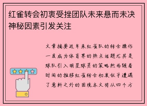 红雀转会初衷受挫团队未来悬而未决神秘因素引发关注