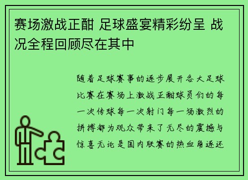 赛场激战正酣 足球盛宴精彩纷呈 战况全程回顾尽在其中