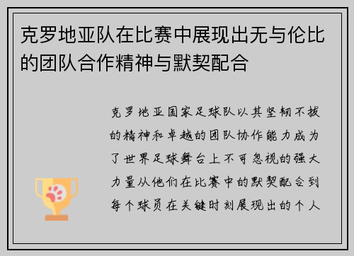 克罗地亚队在比赛中展现出无与伦比的团队合作精神与默契配合