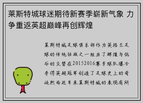 莱斯特城球迷期待新赛季崭新气象 力争重返英超巅峰再创辉煌